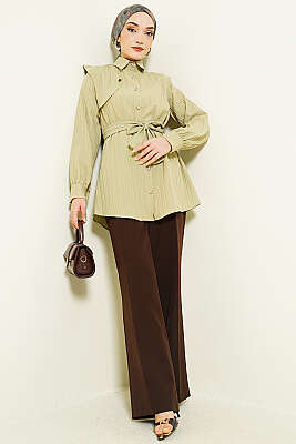 Çizgi Kabartmalı Taş Düğmeli Gömlek Çağla Yeşili - Gömlek