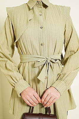 Çizgi Kabartmalı Taş Düğmeli Gömlek Çağla Yeşili - Gömlek