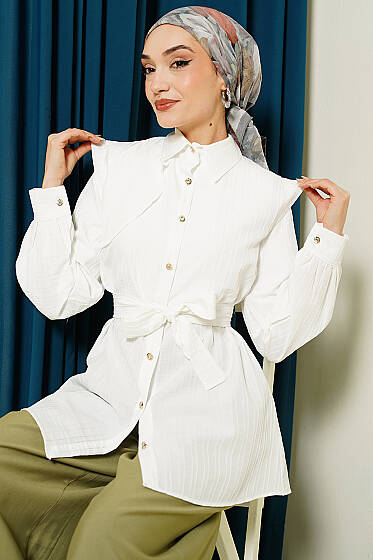 Çizgi Kabartmalı Taş Düğmeli Gömlek Ekru - Gömlek