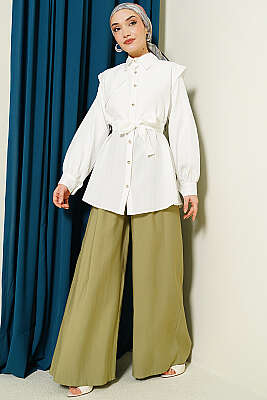 Çizgi Kabartmalı Taş Düğmeli Gömlek Ekru - Gömlek