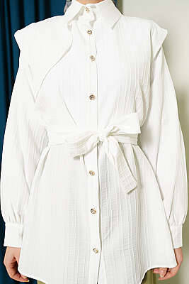 Çizgi Kabartmalı Taş Düğmeli Gömlek Ekru - Gömlek