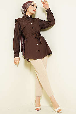 Çizgi Kabartmalı Taş Düğmeli Gömlek Kahve - Gömlek