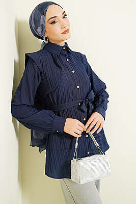 Çizgi Kabartmalı Taş Düğmeli Gömlek Lacivert - TABLO FASHİON