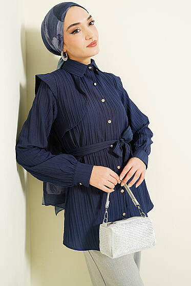 Çizgi Kabartmalı Taş Düğmeli Gömlek Lacivert - Gömlek