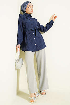 Çizgi Kabartmalı Taş Düğmeli Gömlek Lacivert - Gömlek