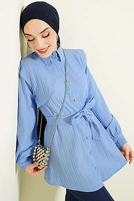 Çizgi Kabartmalı Taş Düğmeli Gömlek Mavi - TABLO FASHİON