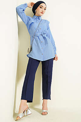 Çizgi Kabartmalı Taş Düğmeli Gömlek Mavi - Gömlek