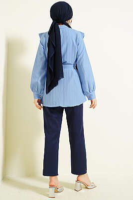 Çizgi Kabartmalı Taş Düğmeli Gömlek Mavi - Gömlek