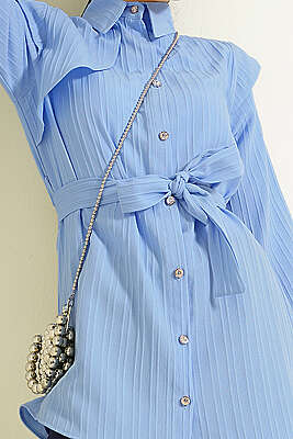 Çizgi Kabartmalı Taş Düğmeli Gömlek Mavi - Gömlek