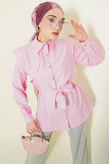Çizgi Kabartmalı Taş Düğmeli Gömlek Pembe - 500-700 TL Ürünler