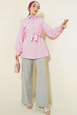 Çizgi Kabartmalı Taş Düğmeli Gömlek Pembe - Gömlek