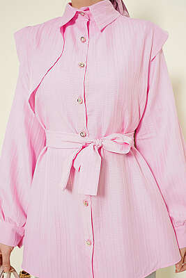Çizgi Kabartmalı Taş Düğmeli Gömlek Pembe - Gömlek