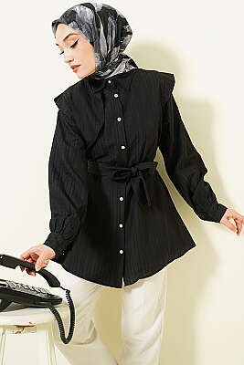 Çizgi Kabartmalı Taş Düğmeli Gömlek Siyah - TABLO FASHİON