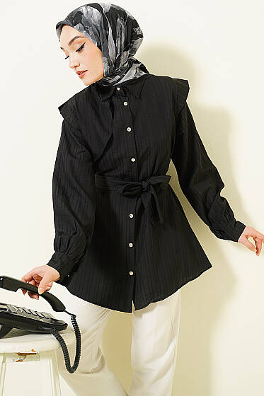 Çizgi Kabartmalı Taş Düğmeli Gömlek Siyah - Gömlek