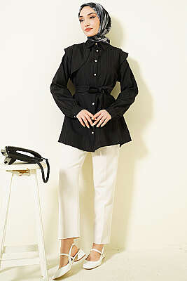 Çizgi Kabartmalı Taş Düğmeli Gömlek Siyah - Gömlek