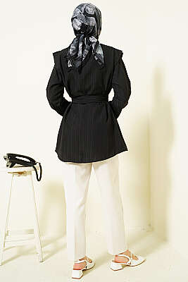 Çizgi Kabartmalı Taş Düğmeli Gömlek Siyah - Gömlek