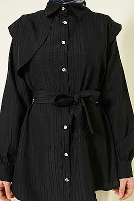 Çizgi Kabartmalı Taş Düğmeli Gömlek Siyah - Gömlek