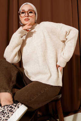 Çizgi Kabartmalı Triko Kazak Bej - Triko Kazak