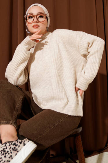 Çizgi Kabartmalı Triko Kazak Bej - Triko Kazak