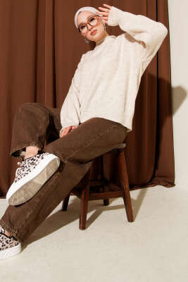 Çizgi Kabartmalı Triko Kazak Bej - Triko Kazak