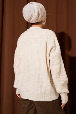 Çizgi Kabartmalı Triko Kazak Bej - Triko Kazak