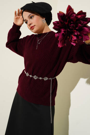 Çizgi Kabartmalı Triko Kazak Bordo - Triko Kazak