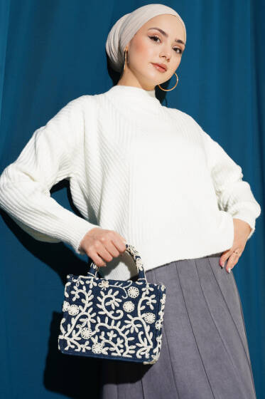 Çizgi Kabartmalı Triko Kazak Ekru - Triko Kazak