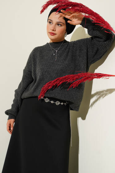 Çizgi Kabartmalı Triko Kazak Füme - Triko Kazak