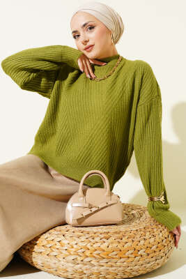 Çizgi Kabartmalı Triko Kazak Haki - VANİZA TRİKO