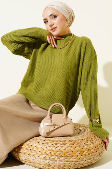 Çizgi Kabartmalı Triko Kazak Haki - Triko Kazak