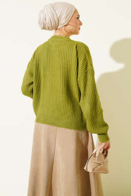 Çizgi Kabartmalı Triko Kazak Haki - Triko Kazak