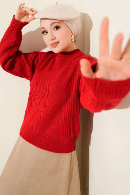 Çizgi Kabartmalı Triko Kazak Kırmızı 