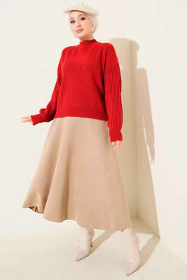 Çizgi Kabartmalı Triko Kazak Kırmızı - Triko Kazak