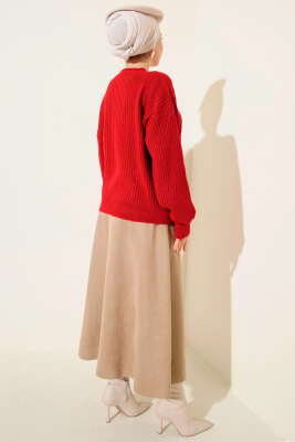 Çizgi Kabartmalı Triko Kazak Kırmızı - Triko Kazak