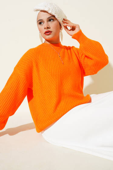 Çizgi Kabartmalı Triko Kazak Oranj - Triko Kazak