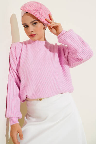Çizgi Kabartmalı Triko Kazak Pembe - Triko Kazak