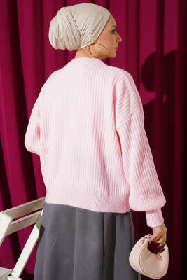 Çizgi Kabartmalı Triko Kazak Pudra - Triko Kazak