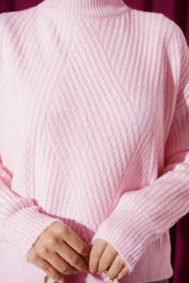 Çizgi Kabartmalı Triko Kazak Pudra - Triko Kazak