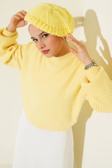 Çizgi Kabartmalı Triko Kazak Sarı - Triko Kazak