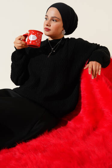 Çizgi Kabartmalı Triko Kazak Siyah - Triko Kazak