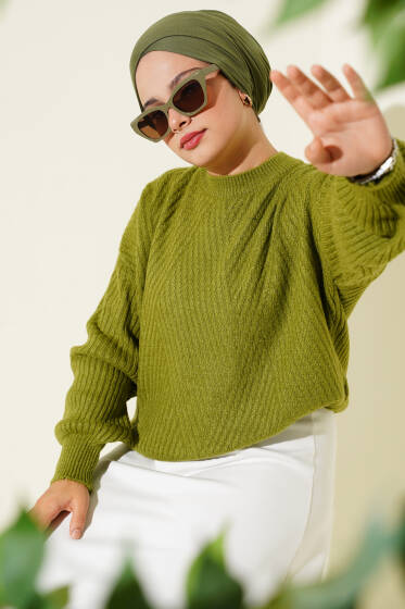 Çizgi Kabartmalı Triko Kazak Yağ Yeşili - Triko Kazak