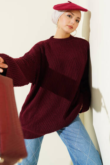 Çizgi Kabartmalı Triko Tunik Bordo - Tunik