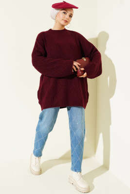 Çizgi Kabartmalı Triko Tunik Bordo - Tunik