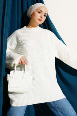 Çizgi Kabartmalı Triko Tunik Ekru 