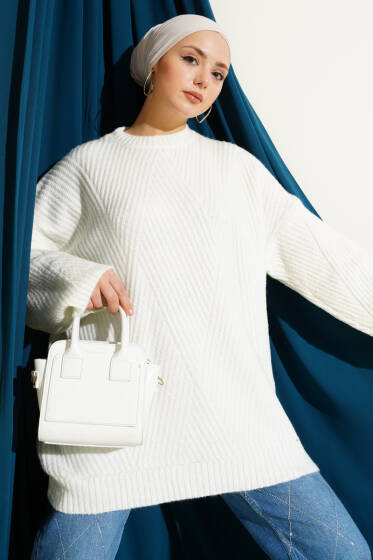 Çizgi Kabartmalı Triko Tunik Ekru - Tunik