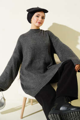 Çizgi Kabartmalı Triko Tunik Füme 