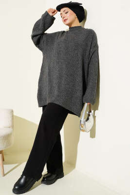 Çizgi Kabartmalı Triko Tunik Füme - Tunik