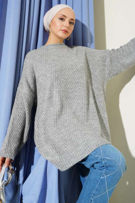 Çizgi Kabartmalı Triko Tunik Gri - VANİZA TRİKO