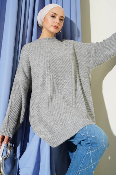 Çizgi Kabartmalı Triko Tunik Gri - Tunik