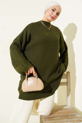 Çizgi Kabartmalı Triko Tunik Haki - VANİZA TRİKO